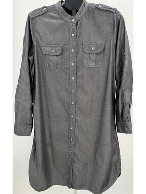 Modern Gray Button-Up Shirt Dress Military Style XL